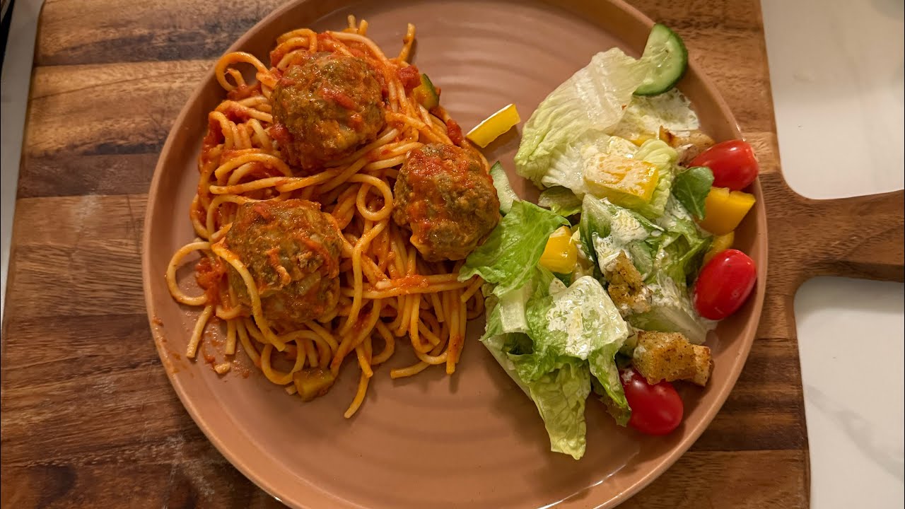 Spaghetti and Meatballs, Garden Salad, and Sourdough Bread