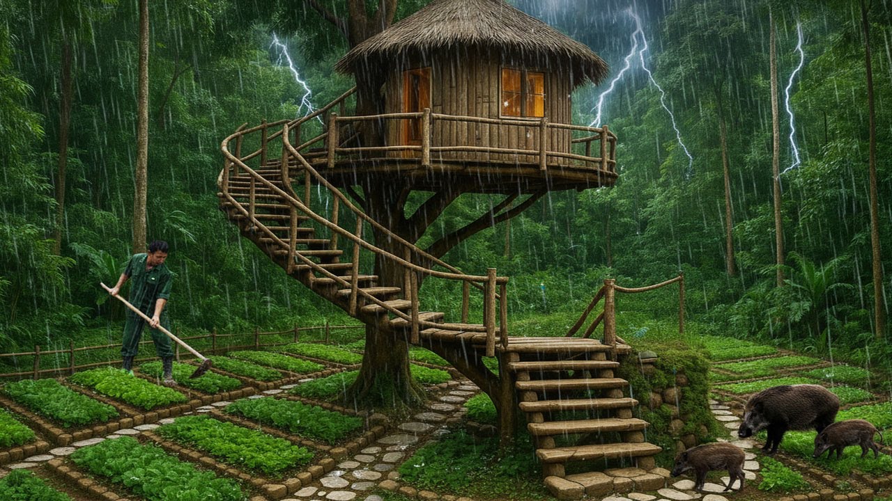 Building a Tree House Shelter in the Storm – Survive and Relax in the Wild | No Talk Bushcraft