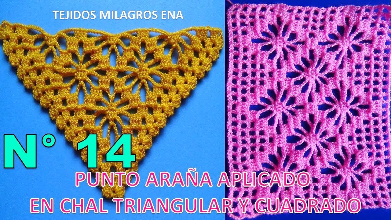 Chal N° 14 en forma triangular, en V o en punta y punto cuadrado tejidos a crochet en punto Arañas