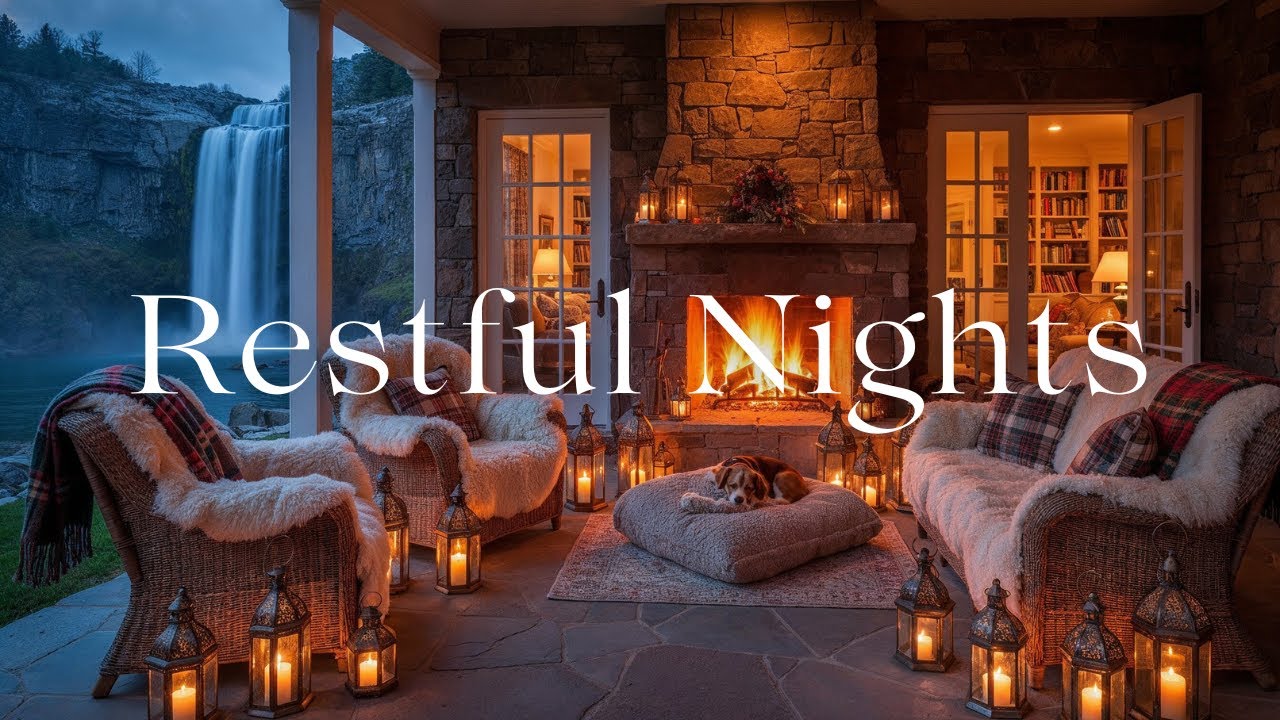 Cozy Lakeside Patio Ambience | Fireplace Crackles & Waterfall Falls for Unwinding