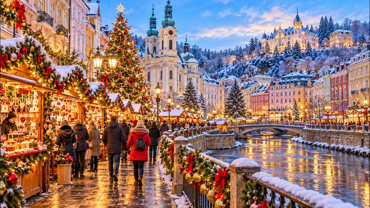 [4K Прогулка] Волшебная Европа 🇨🇿 Карловы Вары, Богемия (Karlovy Vary) 🎄| Прогулка по зимнему рын