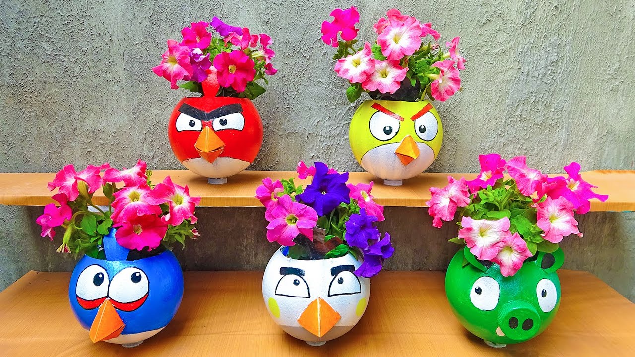 Garden Ideas | Recycle Plastic Bottles into Beautiful Flower Pots Shaped Angry Bird