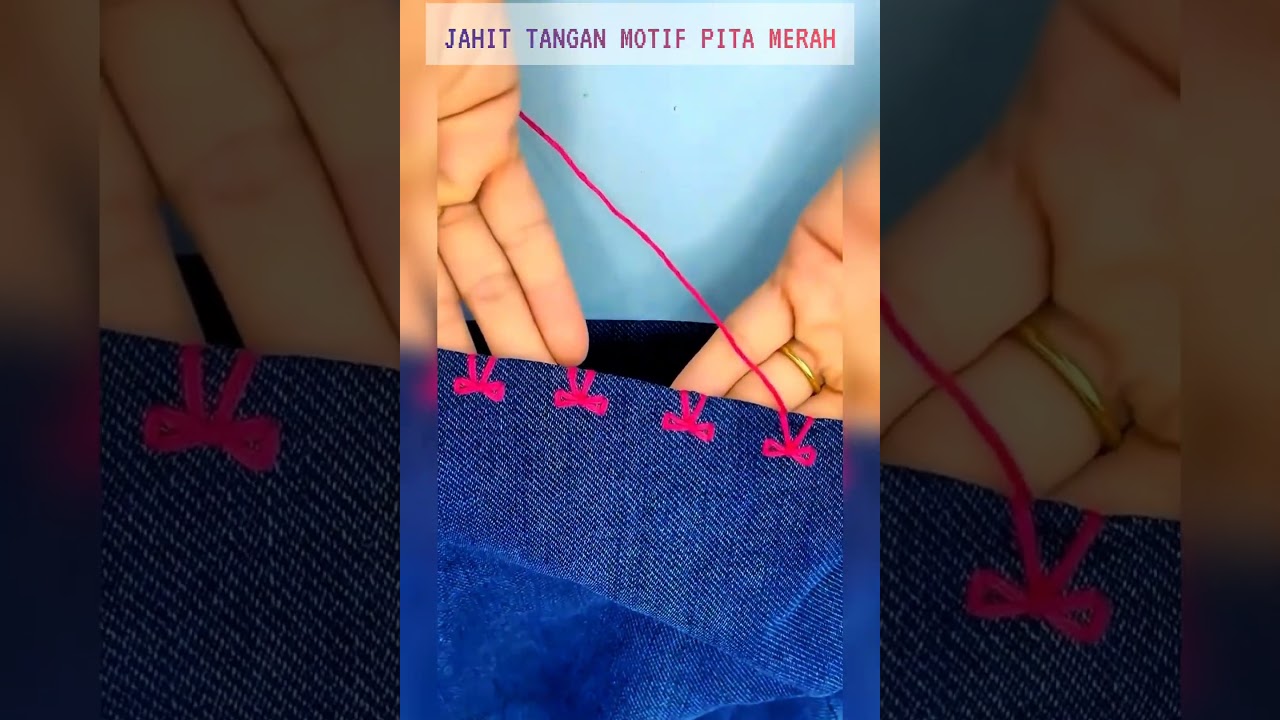 Contoh Jahit Tangan Motif Pita Merah di Kain Denim &mdash; Lembut Tapi Berkelas #bordirtangan #jahittangan