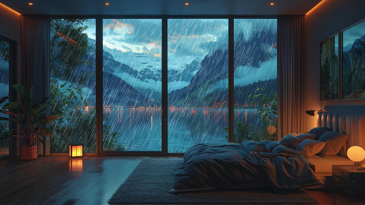 Heavy Rain Over Mountain Lake | Cozy Bedroom Night Ambience for Sleep
