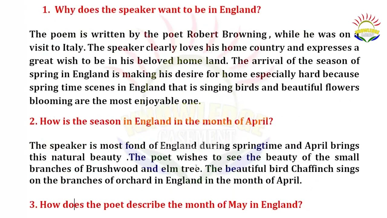 Home -Thought From Abroad By Robert Browning, Summary Questions Ans, 2nd year , English literature