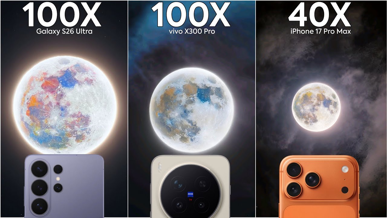 Сравнение результатов живого зума в Samsung Galaxy S26 Ultra, Vivo X300 Pro и iPhone 17 Pro Max.