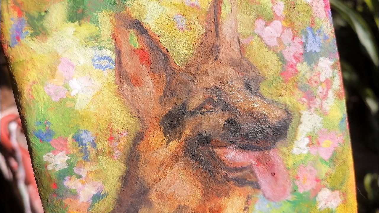 GERMAN SHEPHERD in beautiful garden | Portrait Painting | Retrato de pastor alemán con Acrílicos 