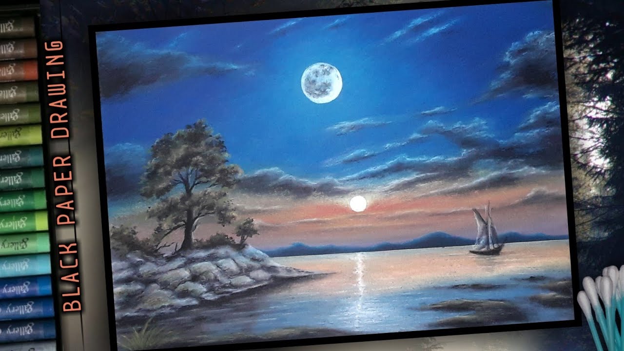 Beautiful Sunset Nature, Full Moon Scenery Drawing | Black Paper Drawing With Oil Pastel