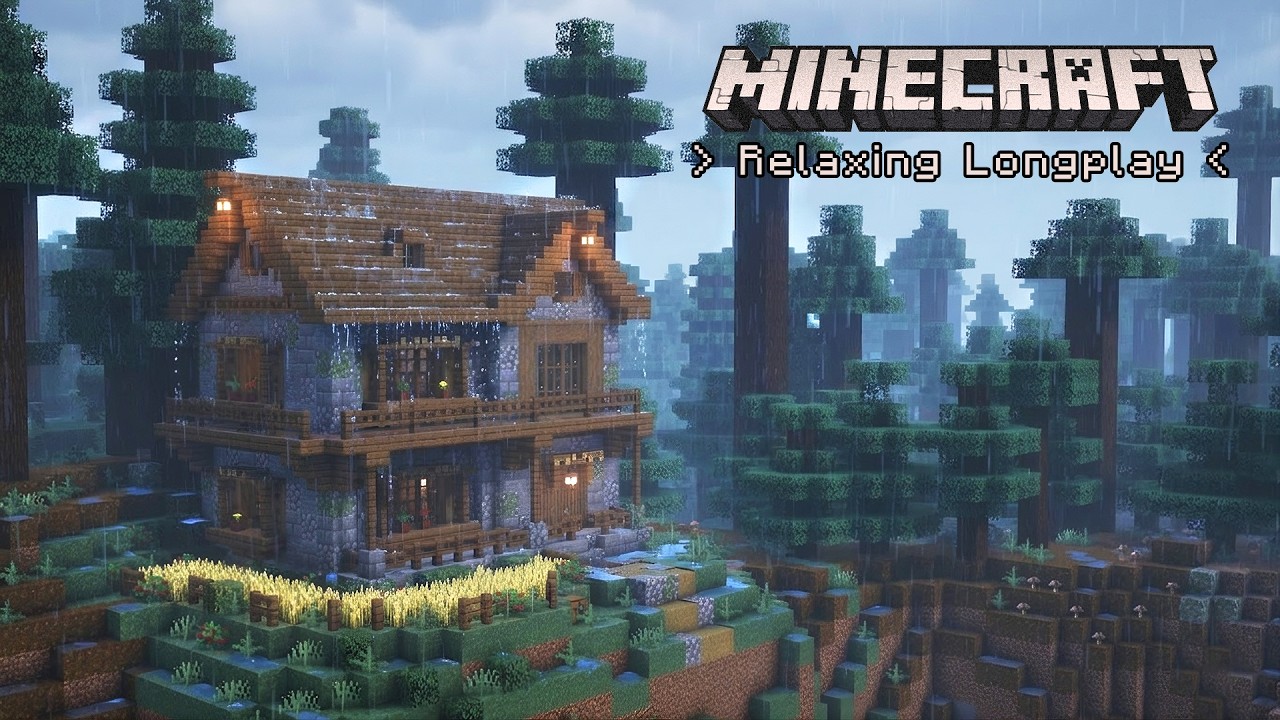 Minecraft Relaxing Longplay | Rainy Pine Taiga - Cozy Starter House | No Commentary