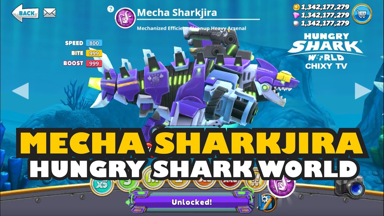 Hungry Shark World - Mecha Sharkjira - All Sharks Unlocked Hack Gems and Coins Mod