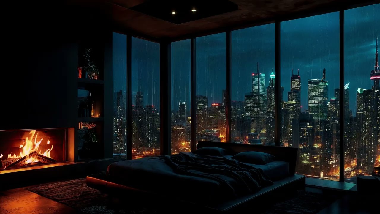 Luxury Rainy NYC Nights🌃Window View ASMR Rain & Cozy Fireplace • Stop Overthinking &Fall Asleep Fast