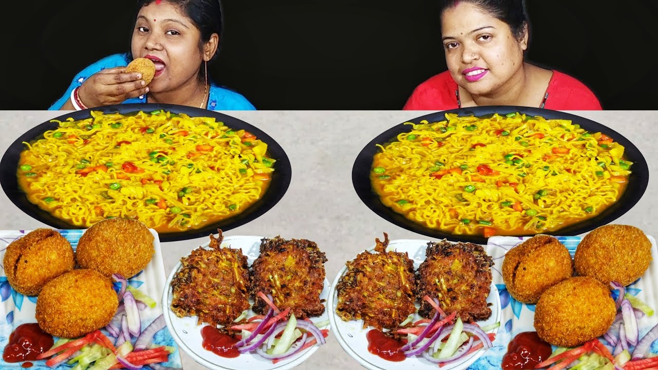 EGG CUTLET MASALA MAGGI VEGETABLE PAKORA EATING CHALLENGE // food family & more