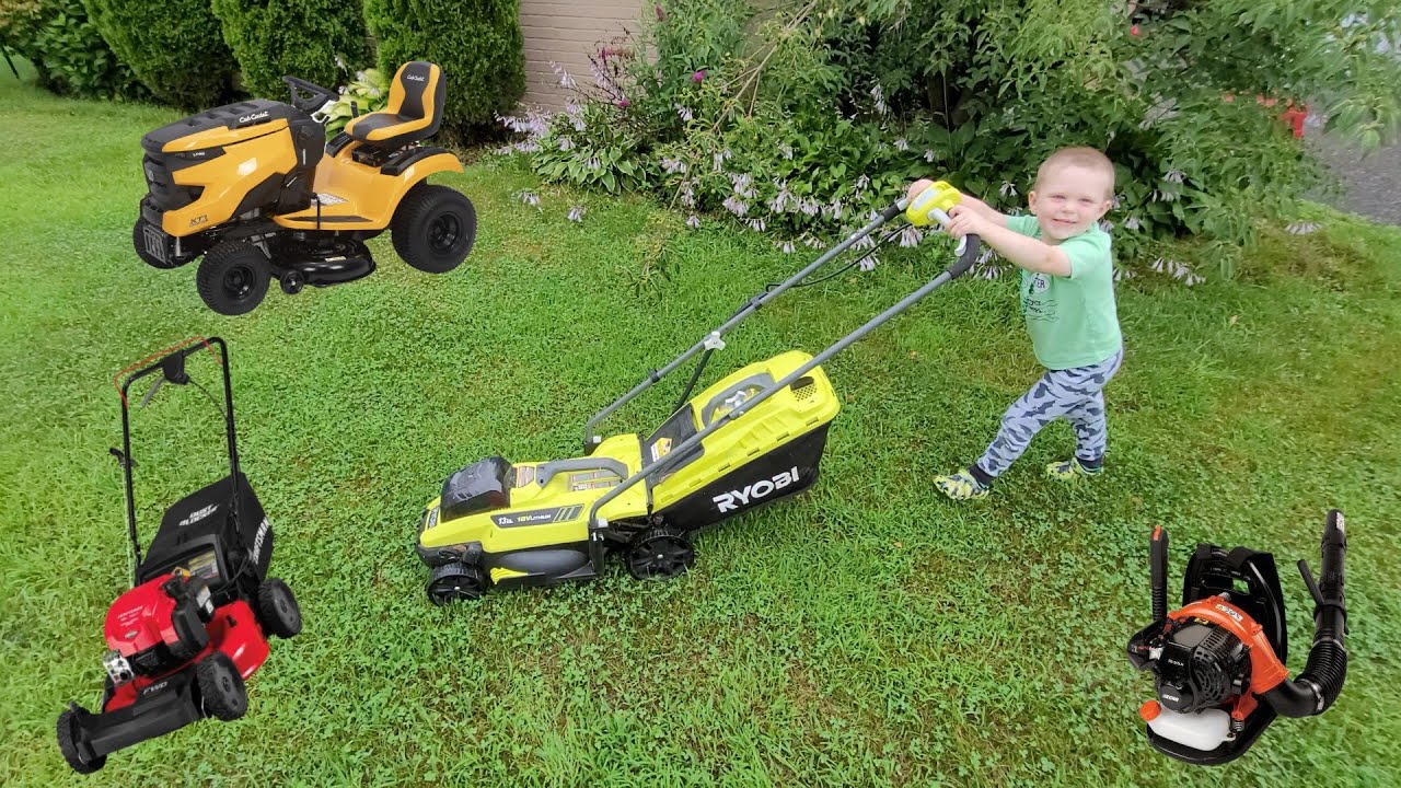 Yard Work + lawn mower videos for toddlers | COMPILATION of riding mower, garden tools, and more!
