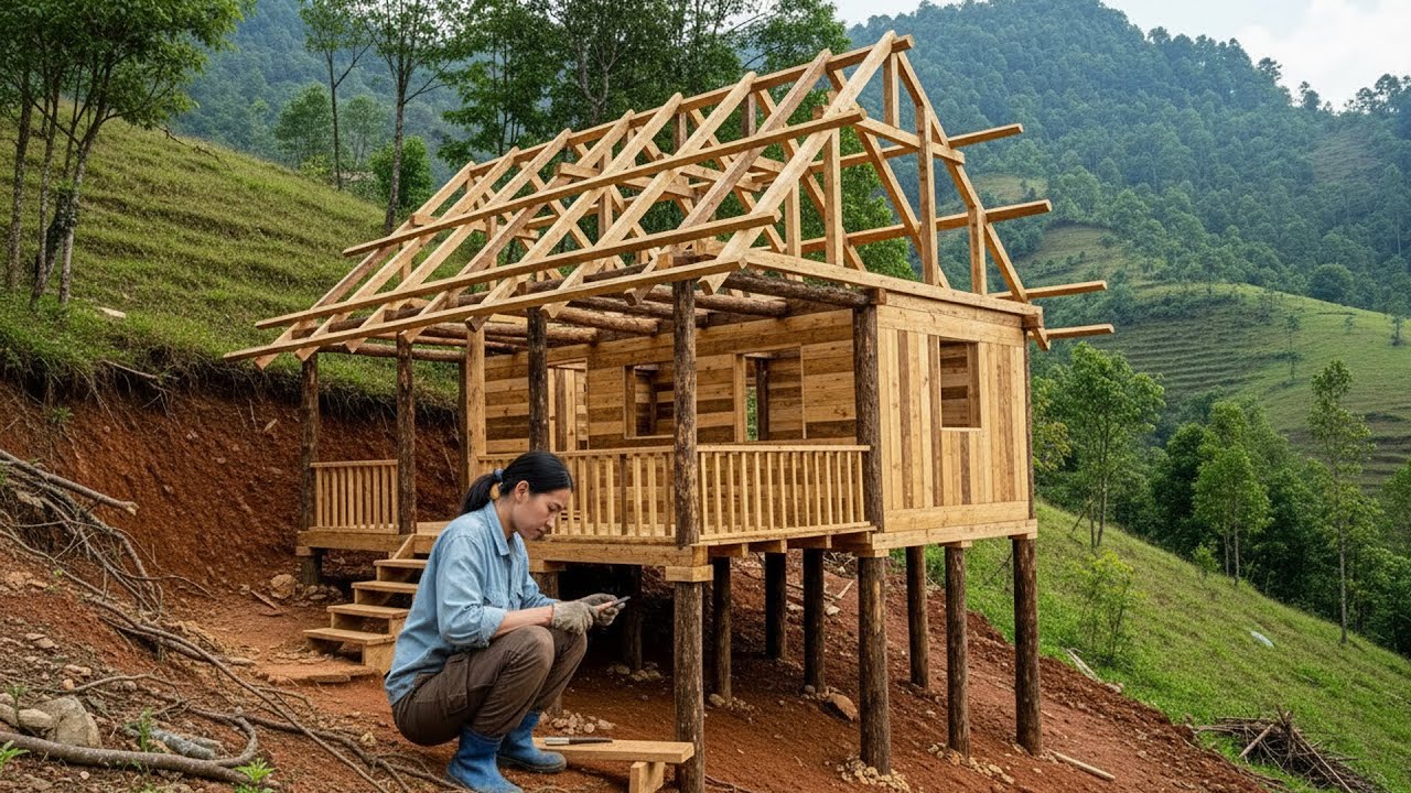 Single-handedly reclaiming barren land | the young woman built her dream wooden house