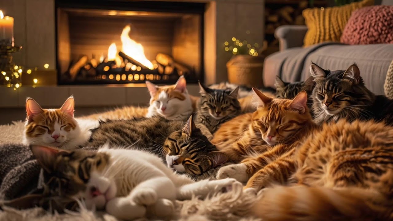 10 Cats Sleeping by Fireplace 🔥 Warm Light Ambience for Deep Sleep & Cozy Night Relaxation