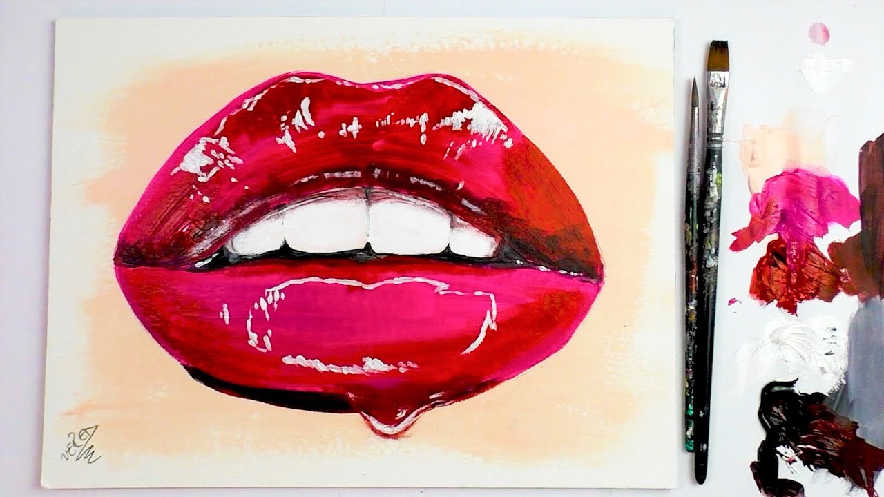 How to paint RED GLOSSY LIPS with acrylics / Easy Painting Vered
