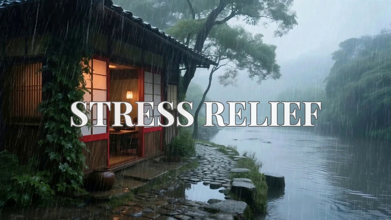 12 Hours Heartwarming Heavy Rain at a Warm Riverside Cabin for Instant Stress Relief 🌧️