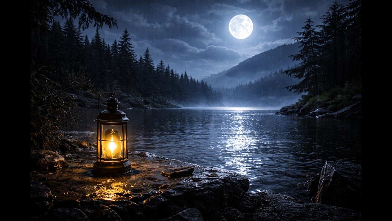 Rain by the Lantern at Moonlit Lake 🌙 Night Ambience for Sleep