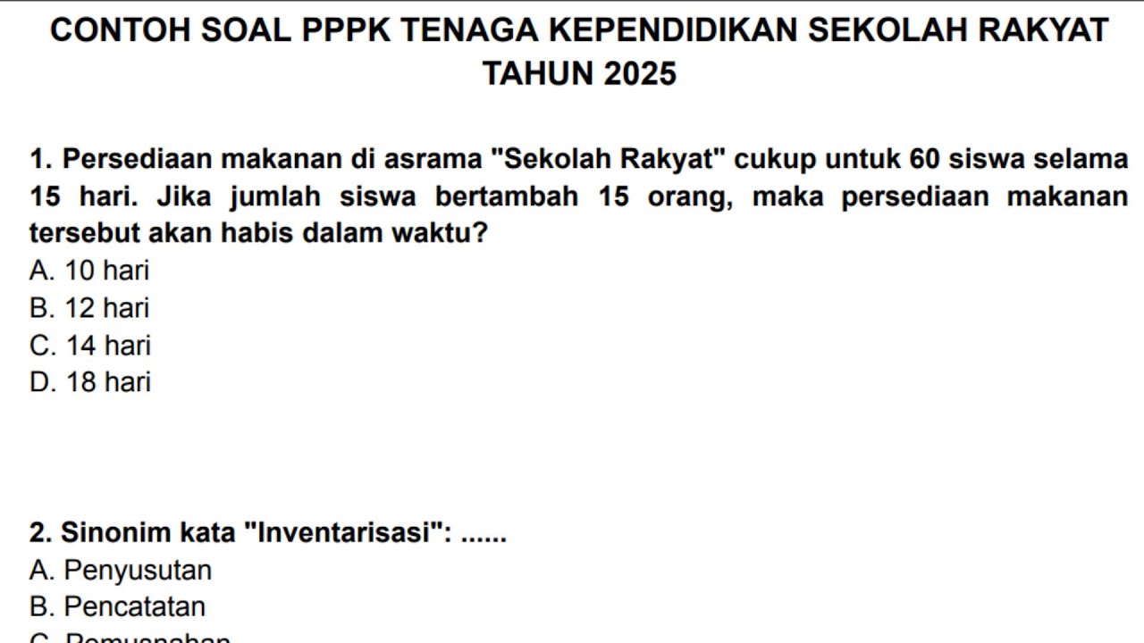 Contoh Soal PPPK Seleksi Kompetensi Teknis Tambahan Tenaga Kependidikan Sekolah Rakyat Tahun 2025