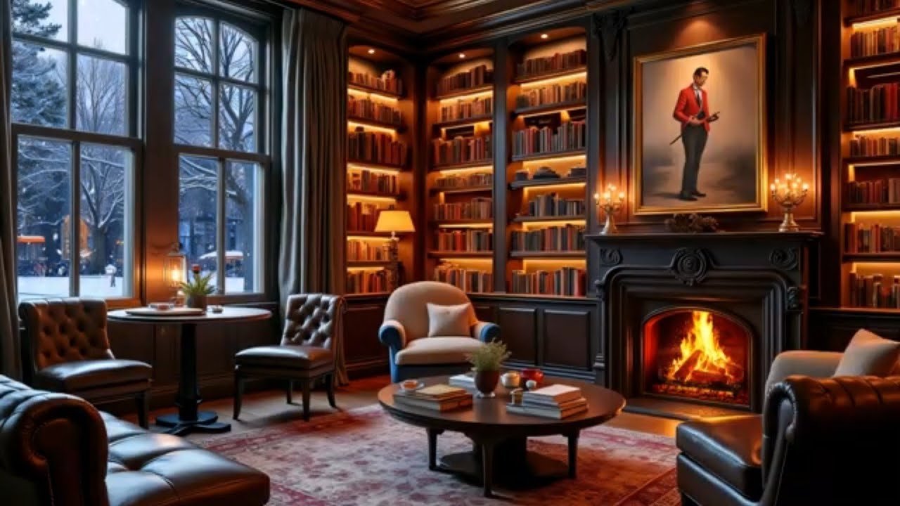 Winter Jazz Ambience | Luxury Living Room & Soft Snowfall