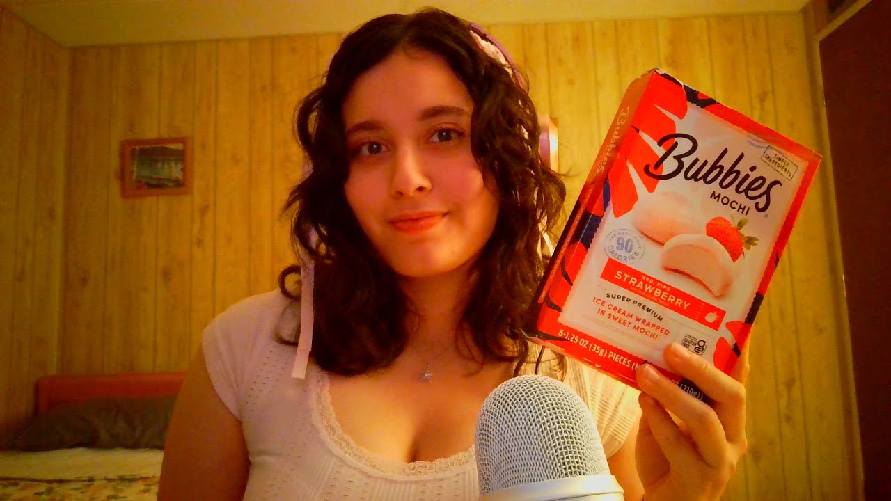 ASMR| Eating Strawberry Mochi Ice cream + (Mouth  Sounds)