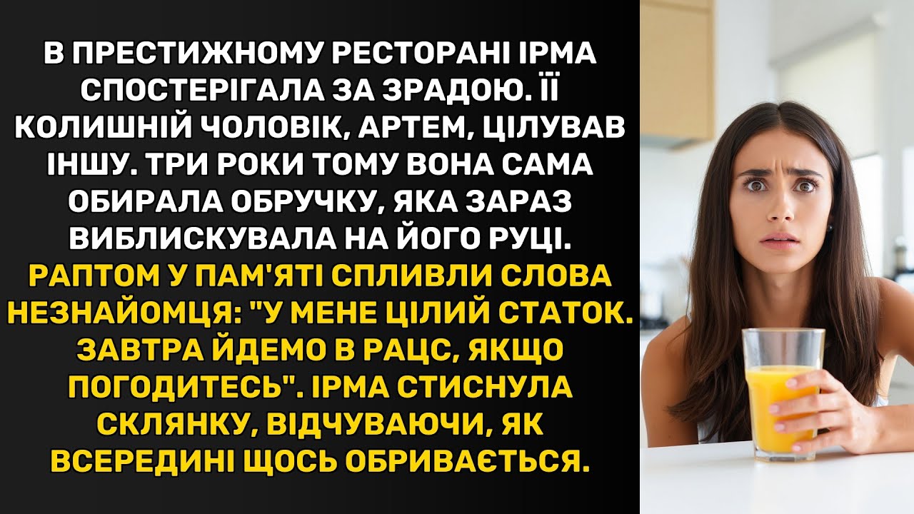 В престижному ресторані Ірма спостерігала за зрадою. Її колишній чоловік, Артем, цілував іншу.