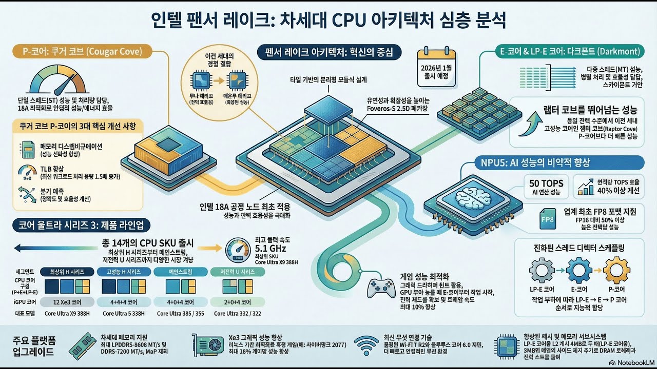 인텔 팬서레이크 18A 공정, P-코어(쿠거 코브) E-코어(다크몬트), Xe3 그래픽(셀레스티얼), NPU5(25.12.21)