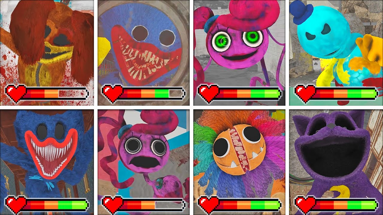 Poppy Playtime: Chapters 1-4 - All CHASE & ENDINGS in BRIGHT Mode with Healthbars