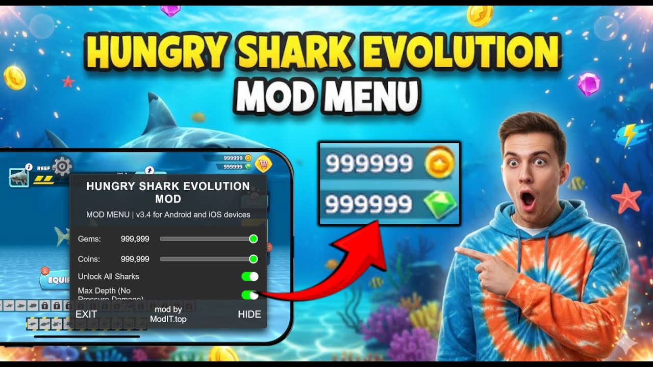 Hungry Shark Evolution Hack for Free Gems and Coins iOS Android 🦈