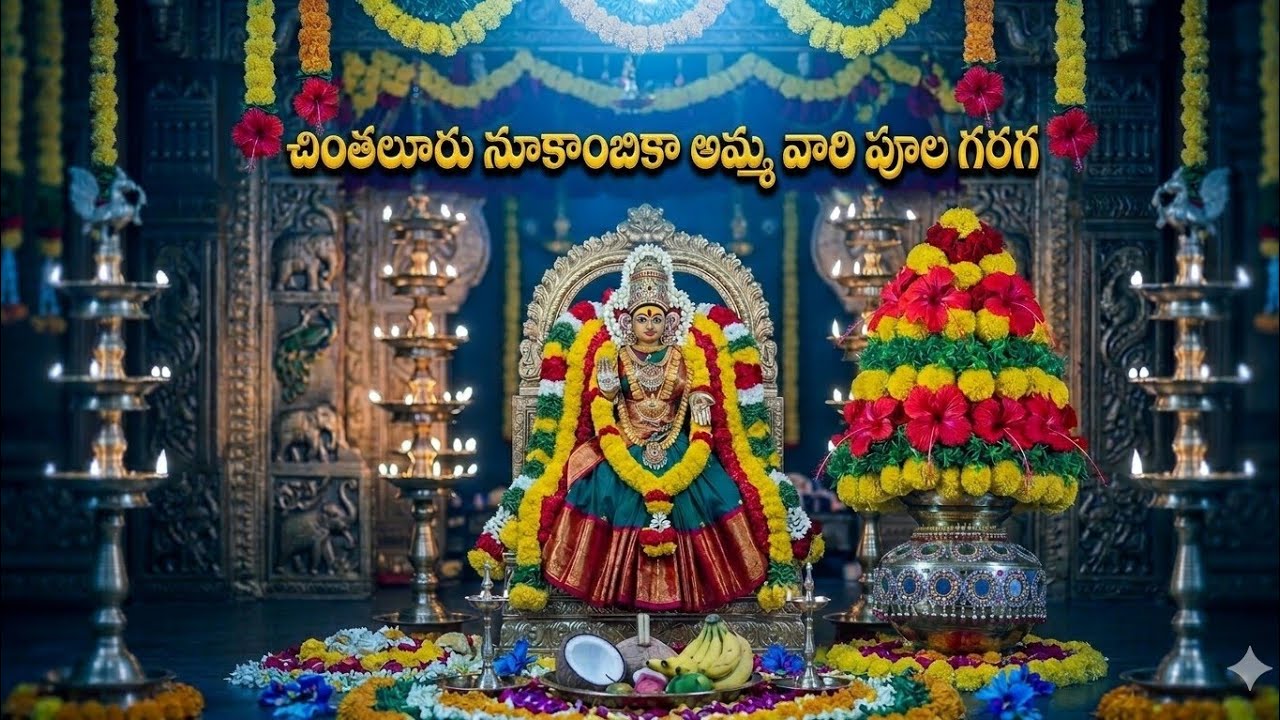 మోదుగ పూలతో చేసిన నుకాంబికా అమ్మవారి ప్రధాన గరగ 