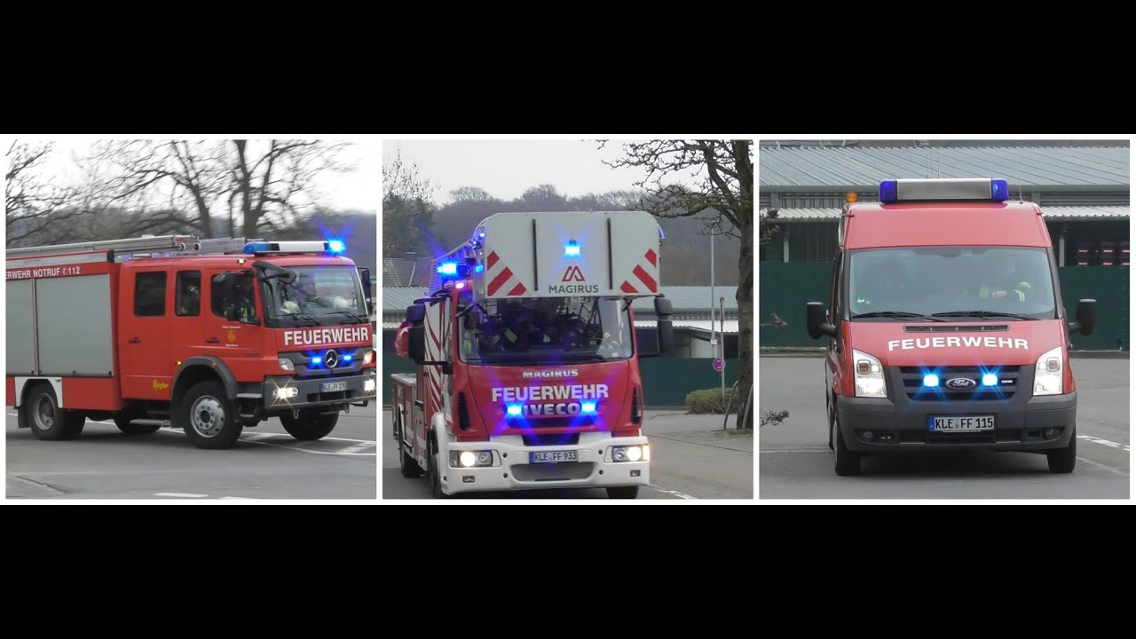 LF, DLK, MTF der Freiwillige Feuerwehr Kleve auf einsatz fahrt nach ein BMA alarm