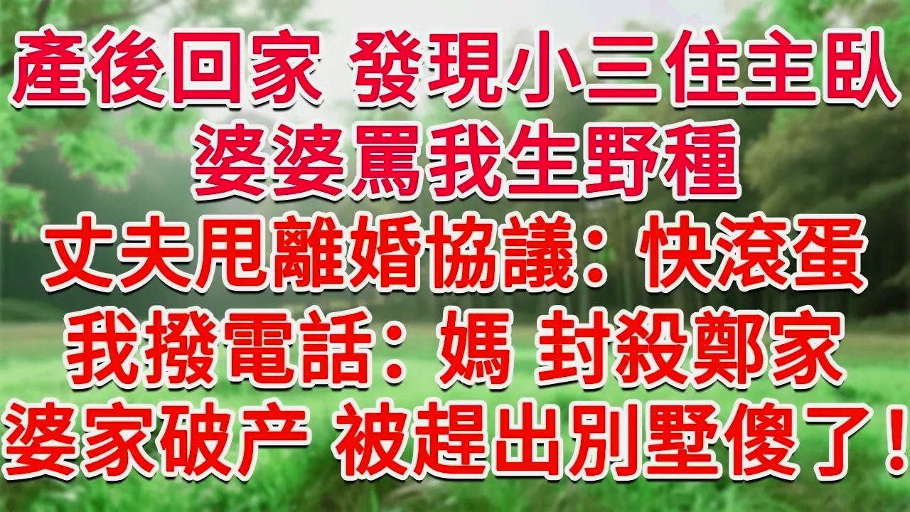 產後回家發現小三住主臥，婆婆罵我生野種 ，丈夫甩離婚協議：快滾蛋！我簽字後撥電話：媽，封殺鄭家！當晚婆家破產8口被趕出別墅傻眼了！#為人處世#生活經驗#情感故事#故事#小說#戀愛#情感#婚姻