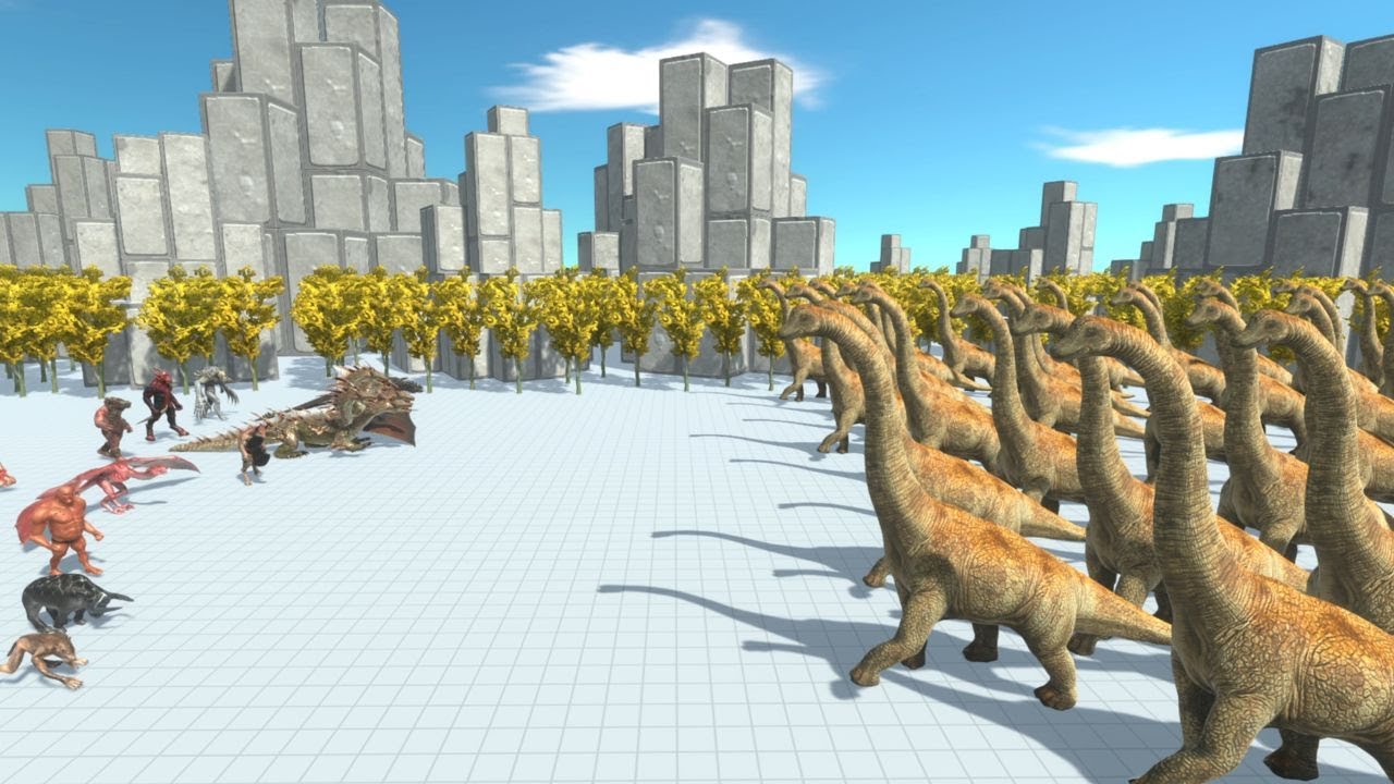 FANTASY and INFERNALS Team vs 50 Herbivore Dinosaurs Animal Revolt Battle Simulator