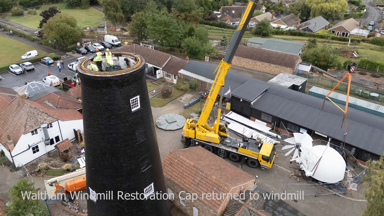 Waltham Windmill  repairs replacing curb rings and cap .4k Aerial  Drone Video