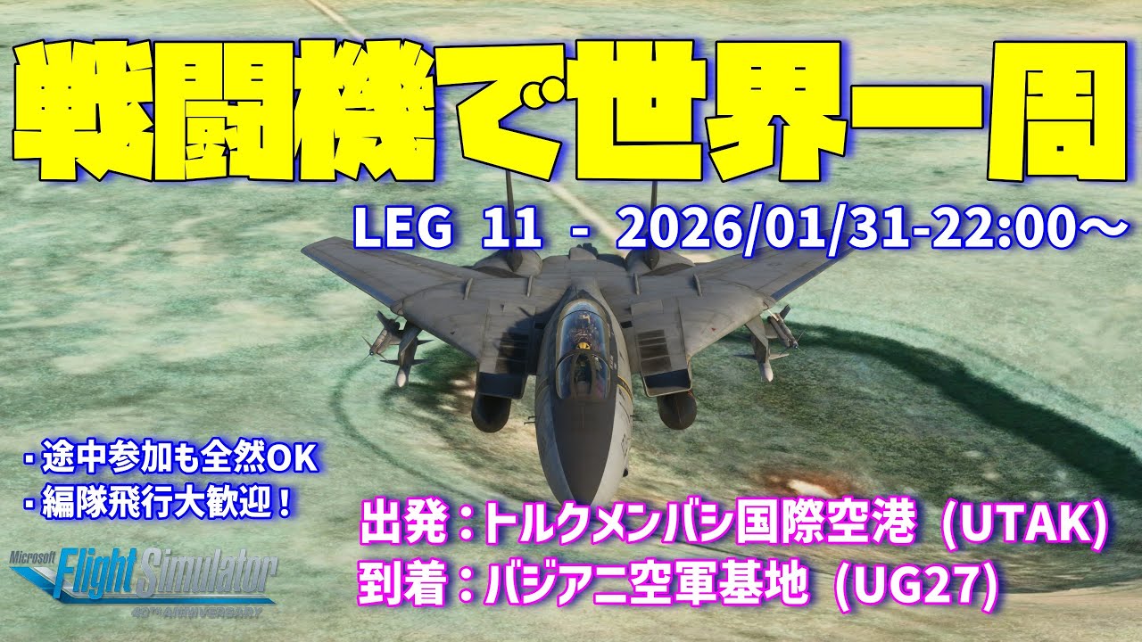 MSFS2020 | 戦闘機で世界一周 | LEG11 トルクメンバシ国際空港 (UTAK) ➡ バジアニ空軍基地 (UG27) | F-14B