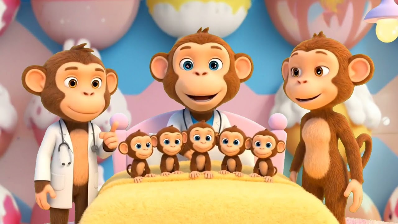 Five Little Monkeys Jumping Fun!A Five Little Pups Rhyme#trending
