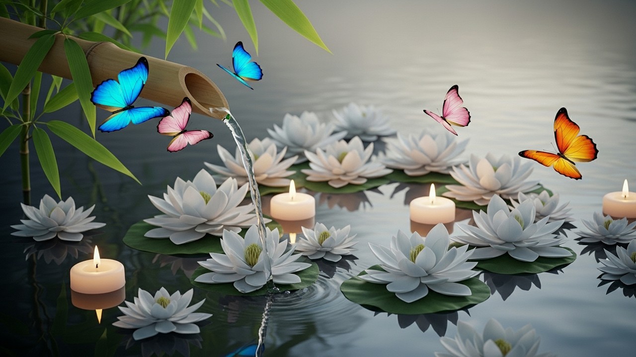 Peaceful Bamboo Waterfall & Lotus Lake 🌸 Stress Relief Ambient Music for Deep Relaxation