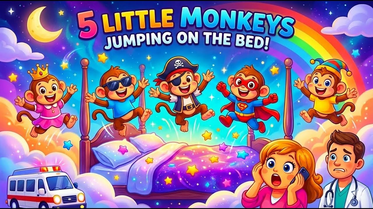 Five Little Monkeys Jumping on the Bed 🐒🛏️  Fun Nursery Rhymes for Kids & Babies
