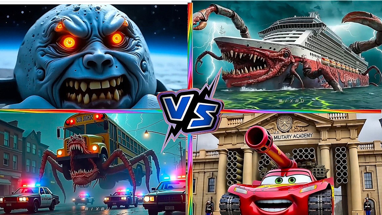School Bus Monster VS McQueen Tank VS Mater Monster VS LUNAR MOON Tiles Hop EDM Rush 4
