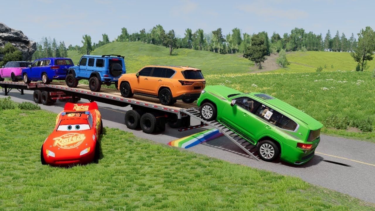 Flatbed Truck McQueen | Transportation with Truck - Pothole vs Car #3 | BeamNG.Drive Gameplay