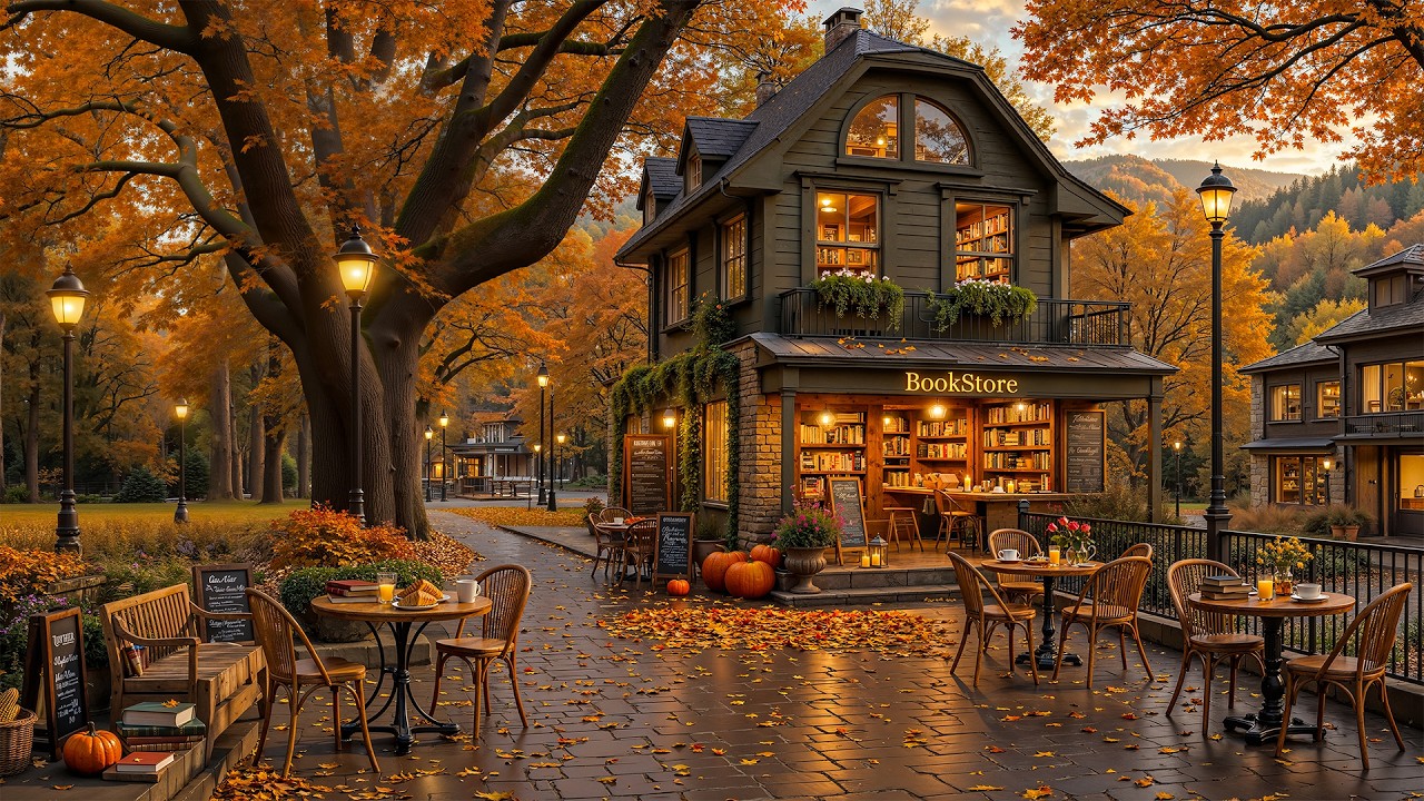 Morning Fall Ambience at Cozy Street Coffee Shop Vibes 🍂 Warm & Relaxing Jazz Music for Work, Study