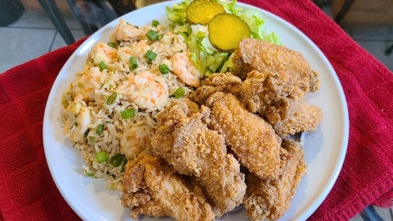 Fried Chicken Wings Shrimp Fried Rice and lettuce pickle salad | A New Orleans corner store favorite