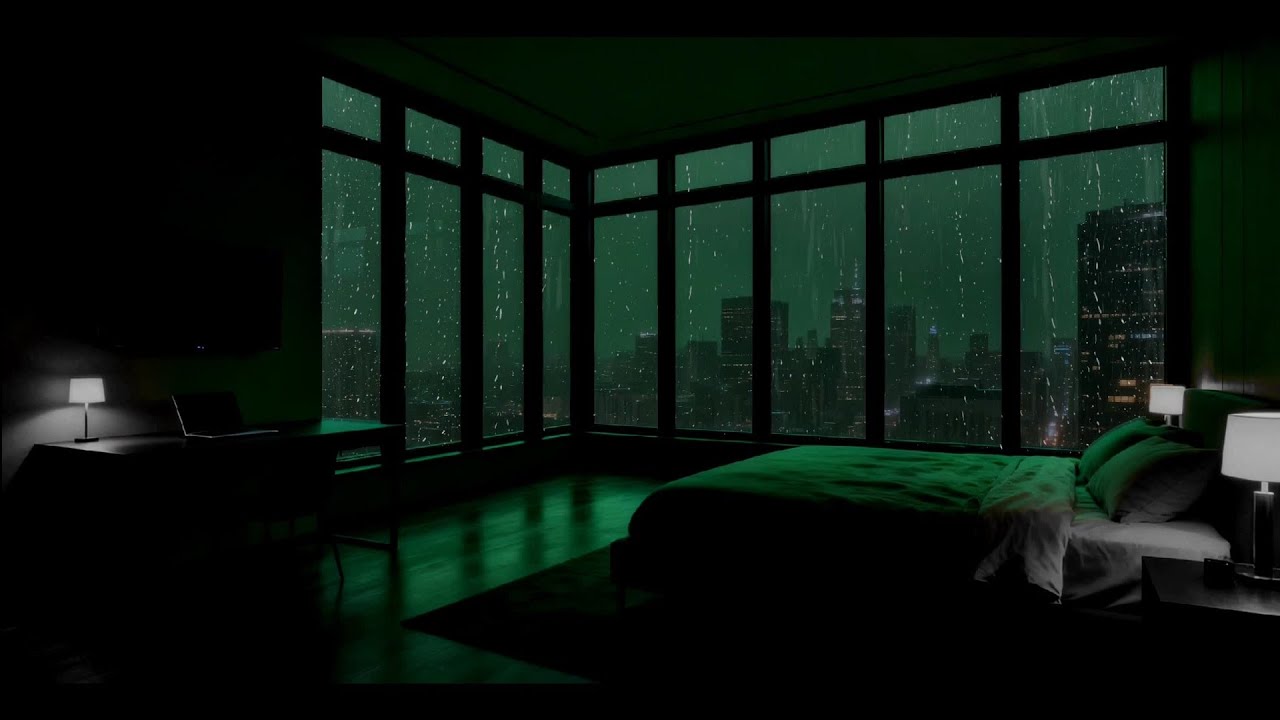 Gentle Rain on Window 🌧️ Calm Green Bedroom Night Ambience (3 Hours)