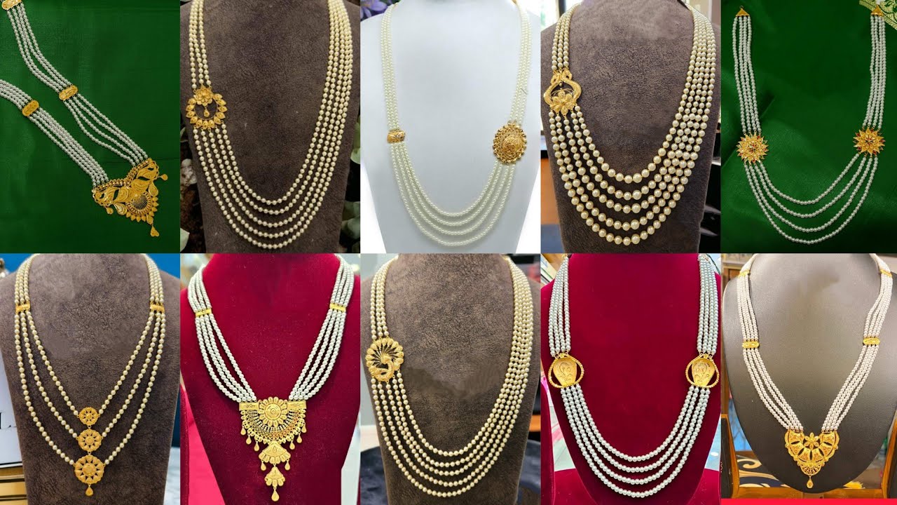 Latest gold & pearl long necklace design with weight and price||Pearl necklace design