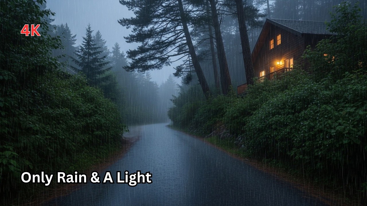 A Warm Cabin Light in Heavy Rain 🌧 Gentle Wind Forest Road Ambience (4 Hours)