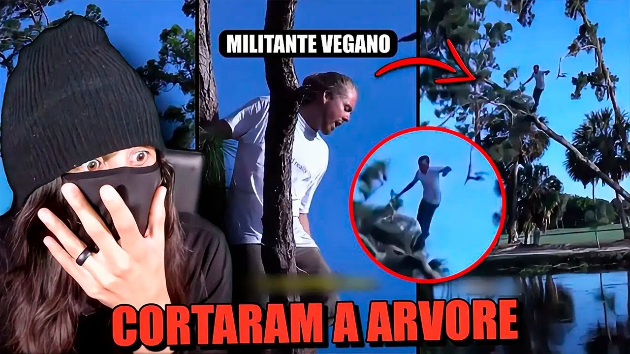 TRABALHADORES CORTAM A ARVORE COM MILITANTE VEGANO EM CIMA