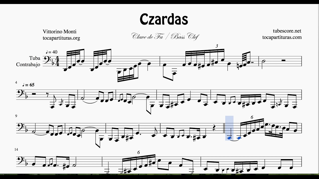 Czardas Sheet Music for Tuba and Contrabass Bass Clef