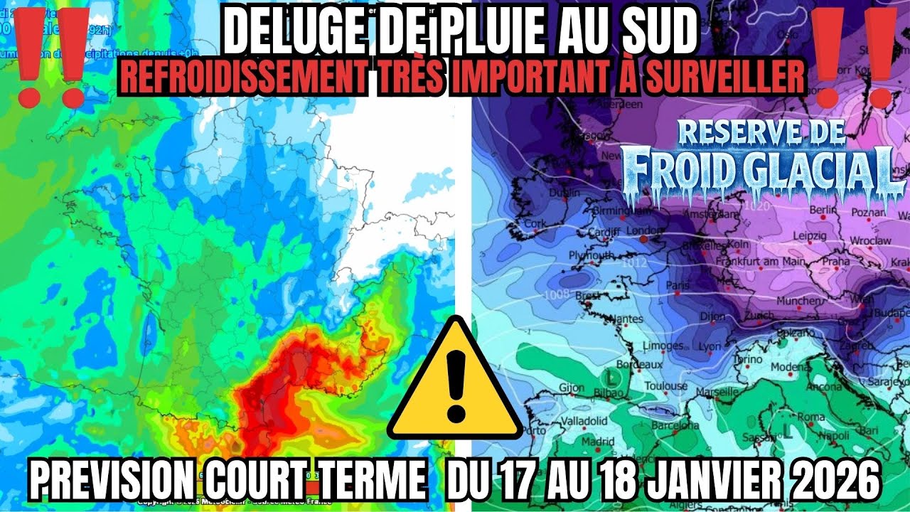 DELUGE DE PLUIE AU SUD ET REFROIDISSEMENT TRÈS IMPORTANT À SURVEILLER METEO 17/18 JANVIER 2026