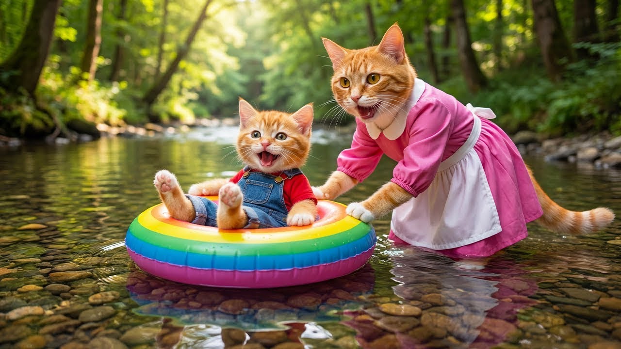 🐱💦 Mama Cat Fulfills Kitten’s Dream — A Magical Stream Bath You’ll Never Forget 🌿✨