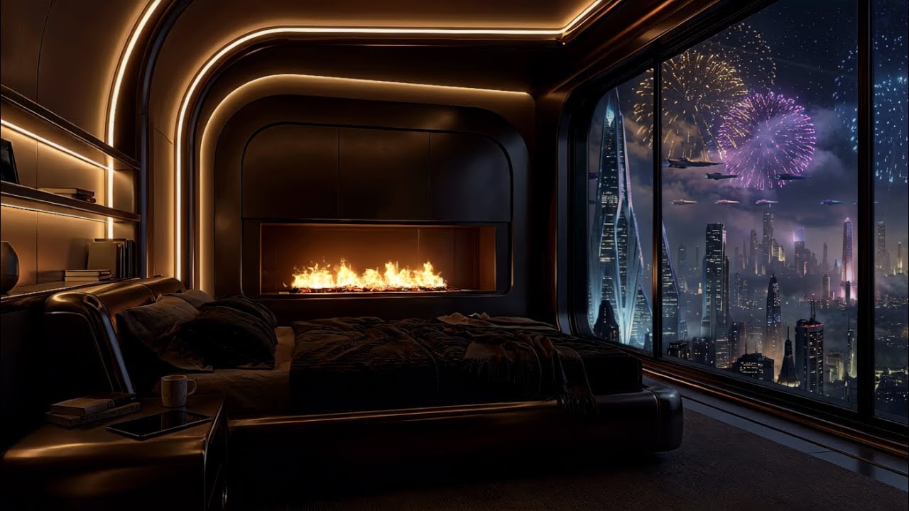 Coruscant at Night | City Ambience, Fireplace & Distant Fireworks
